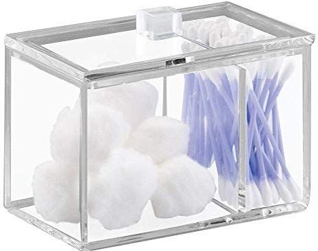 iDesign Opbergdoos met deksel, robuuste wattenschijfdispenser van kunststof, wattenstaafjes, opslag voor de badkamer met twee vakken, doorzichtig
