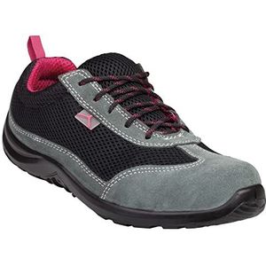 Delta Plus COMOSPNO39 lage schoenen van suède splitleer met mesh-inzetstukken - S1P Src, zwart-fuchsia-rood, maat 39