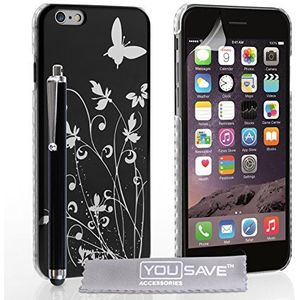 Yousave Accessoires Bloemen Vlinder Hard Cover Case met Stylus Pen voor iPhone 6 - Zwart/Zilver
