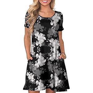 CHERFLY Dames zomer T-shirtjurk casual vrijetijdsjurk korte mouwen mini-jurk met zakken, bloemen met inkt, M