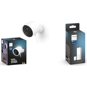 Philips Hue Secure kabelgebundene Smart Home Überwachungskamera mit Standfuß, Full HD Video, Smart Home Security und Lichtsteuerung per App, weiß + Hue Secure Kontaktsensor für Türen und Fenster, weiß