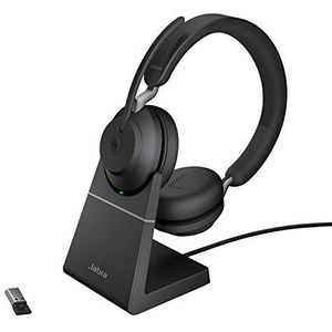 Jabra Evolve2 65 draadloze headset met laadstation – Noise Cancelling Microsoft Teams gecertificeerde stereo hoofdtelefoon met lange batterijduur – USB-A Bluetooth-adapter – zwart, één maat