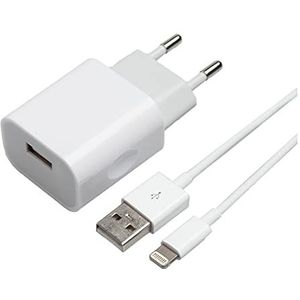 ISIUM 900031 oplader 1 USB 2,4 A + Lightning MFI-kabel, snellader voor mobiele telefoons en tablets, 2 m, ingang 100-240 V en uitgang 5 V, compatibel met Apple, wit