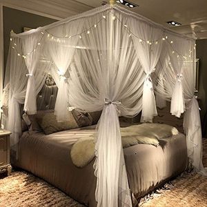 Joyreap 4 Hoeken Post Luifel Bed Gordijn voor Meisjes & Volwassenen - Koninklijke Luxueuze Gezellige Gordijnen - Leuke Prinses Slaapkamer Decoratie Accessoires (Wit, 150 cm B x 78"" L, Full/Queen)