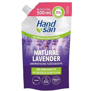 Hand san Vloeibare zeep Natural Lavender in navulzak, 500 ml, met natuurlijke lavendelolie, handen wassen en gezichtsreiniging, receptuur zonder microplastic, pH-huidneutraal, veganistisch