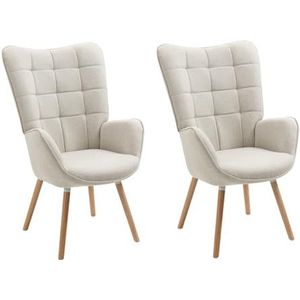 MEUBLE COSY Set van 2 fauteuils voor woonkamer accentstoel met hoge vleugelrug en gewatteerde armleuningen, houten poten, bank voor lezen lounge slaapkamer ingang, beige, metaal, 66x71x106 cm