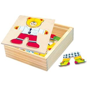 Bino 88047 Jurk Bear Jigsaw Baby Puzzels met kleurrijke kleding, 18 stuks in een houten kastdoos. Maat: 13x4,3x14 cm, Veelkleurig