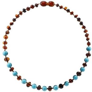 Irréversible Bijoux Ketting 32 centimeter - Amber en natuursteen - Cognac barnsteen/blauw turquoise