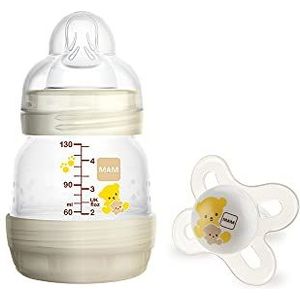 MAM Anti-colic fles + fopspeen Start A112 Innovatief Anti-Colic System met zuiger 0 siliconen SkinSoft TM ultrazacht voor baby's vanaf 0 maanden, 130 ml, neutraal - 1 stuk