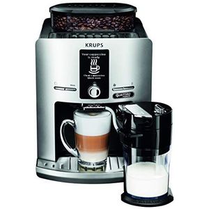 Krups Koffiemolen voor korrels, espresso met melkopschuimer, pot van roestvrij staal, koffiezetapparaat, koffiebonen professioneel zilver.