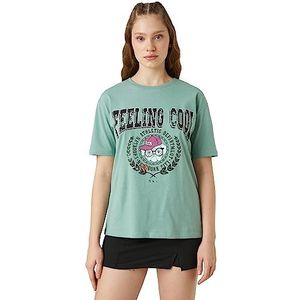 Koton Bedrukt T-shirt voor dames, ronde hals, korte mouw, Minzgrün (Mnt), S