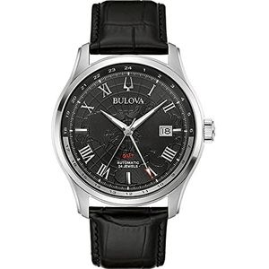 Bulova Analoog automatisch horloge met leren armband 96B387, zilver-zwart, Riemen.