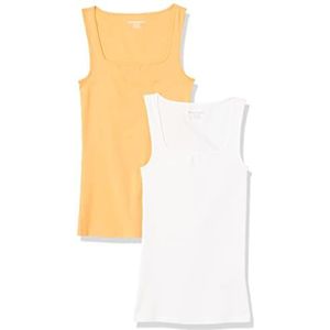 Amazon Essentials Tanktop voor dames, slimfit, vierkante hals, 2 stuks, wit/meloen oranje, L