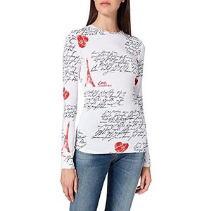 Love Moschino Dames Fitted Long Sleeved Soft Stretch Viscose Jersey met All-Over Calligrafie Print T-Shirt
