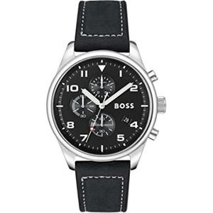 BOSS Chronograaf Quartz Horloge voor Mannen met Zwarte Lederen Band - 1513987, Zwart, riem