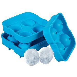 Relaxdays siliconen ijsblokjesvorm, set van 2, herbruikbaar, 4,5 cm bollen, 4 losse ijsklontjes, ijsblokjesbakje, blauw