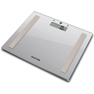 Salter 9113 SV3R Compact Glass Analyser Scale, 150 KG Maximum Capacity, 8 User Memory, Slim Design for Neat Storage, Athlete Mode, Measures Weight, Body Fat/Water and BMI, Carpet Feet, Silver