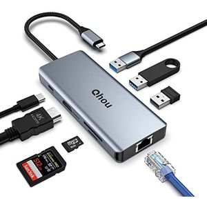 USB C-hub met ethernet, 8-in-1 dual monitor USB C-adapter met 4K @30Hz HDMI, Ethernet, 2* USB 3.0, USB 2.0, 100W PD, SD/TF compatibel laptop/pc/iPad/Surface