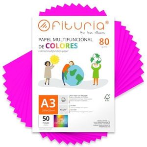 Kleurpapier, verpakking met 50 vellen A3, 80 g, kleurrijk papier voor knutselwerk, printer, scrapbooking, ideaal voor Origami, Papyroflexia, kantoor en school (neonroze, 50 h)