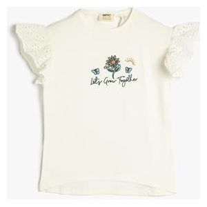 Koton Katoenen T-shirt met korte mouwen voor meisjes met ronde hals, gebroken wit (001), 11-12 Jaar