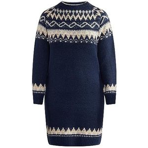 Boline - Gebreide Damesjurk - Beige Blauw Bruin - Midi-lange - Klassiek Noors Patroon