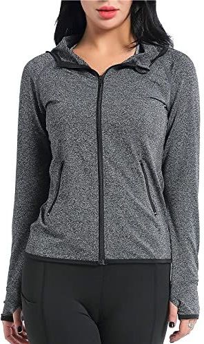 AMZSPORT Dames Hardloopjack met Lange Mouwen Sporthoodie met Zijzak met Rits, Grijs L