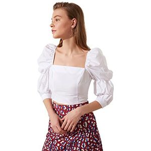 Trendyol Dames witte handgrepen Shirred Square kraagblouse Blouse, Wit, 34