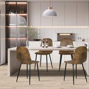 FurnitureR Set van 4 gestoffeerde metalen eetkamerstoelen van kunstsuède, Scandi Chic set, brengt Scandinavische flair in je keuken, eetkamer of woonkamer, bruin