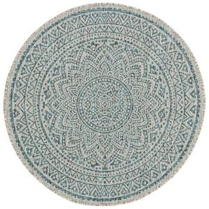 benuta Nest tapijt Cleo - synthetische vezel - geschikt voor buiten - rond en in de stijl: Geometrisch, zigzag, boho-stijl - onderhoudsvriendelijk voor woonkamer slaapkamer | beige/blauw | ø 150 cm