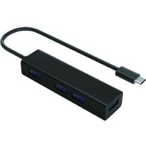 USB-C 3.0 hub met 4 USB 3.0-poorten, zwarte en aluminium behuizing, ideaal voor het uitbreiden van verbindingen en het aansluiten van meerdere apparaten.