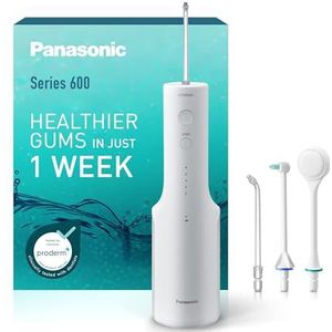 Panasonic Series 600 Ultrasone Monddouche EW-DJ67-W303, Waterflosser voor Tanden, 200ml, IPX7, 2 Ultrasone Opzetstukken, 1 Orthodontisch & 1 Tongverzorging Opzetstuk, 5 Drukstanden, Wit