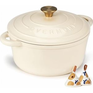 Overmont Braadpan van emaille gietijzer, stoofpan, 28 cm, geschikt voor de oven, met deksel en kookboek, voor keuken, bakken, smoren, braden, wit
