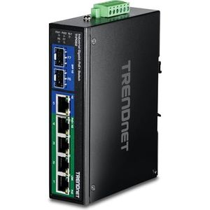 TRENDnet 6-poorts geharde industriële Gigabit PoE + -DIN-rail switch, TI-PG62,4 x Gigabit PoE + -poorten, 1 x gemeenschappelijke Gigabit poort (RJ-45 / SFP), 1 x toegewezen SFP, 120 W vermogensbudget, IP30
