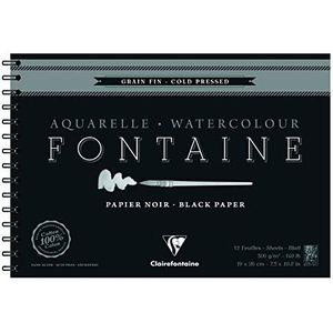 Clairefontaine - Ref 975313C - Fontaine koudgeperst zwart aquarel draadgebonden pad (12 vellen) - 19 x 26 cm formaat, 300 g/m² papier - Geschikt voor aquarel kunstwerken