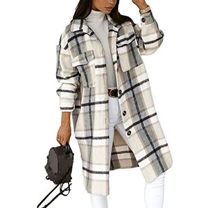 SeekMe Dames oversized flanellen geruite shacket jas flap zak revers button down lang shirt jassen, Lichtgrijs, XS