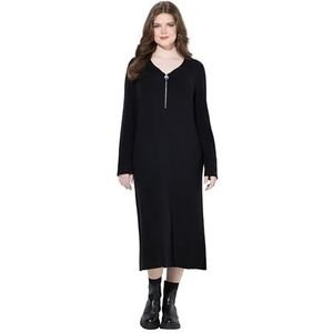 Ulla Popken - Gebreide Jurk - Zwart - 3/4 Lengte - V-hals - Lange Mouw