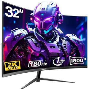 Gawfolk 32 inch QHD180 Hz gebogen gaming-monitor, 165 Hz, 1800R frameloos gebogen computerscherm, VESA-compatibel