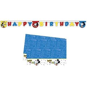 ALMACENESADAN -4737, Disney Mickey tafelkleed, 120 x 180 cm en Happy Birthday slinger ca. 2,40 m, ideaal voor feestjes en verjaardagen. (8435510347376)