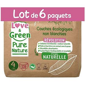 Love & Green Pure Nature pakket van 6 stuks (32 per stuk = 192) Ongebleekte milieuvriendelijke luiers T1 x 32 (2-5 kg)