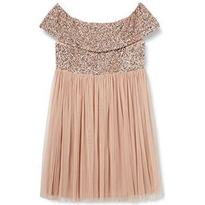 Maya Deluxe Bardot-jurk voor dames, midi-verfraaid, hoge Empire-taille, mouwloos, tule voor bruiloft, gast, eindexamenfeest, bruidsmeisje, Taupe Blush, 42 grote maten