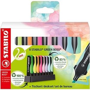 STABILO 6070/08-5 Milieuvriendelijke tekstmarkeerstift - GREEN BOSS 8 stuks bureauset - met 4 pastel kleuren en 4 neon kleuren