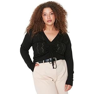 Trendyol Dames V-hals Ajouré Regular Plus Size Sweater Sweater, Zwart, XXL, Zwart, XXL