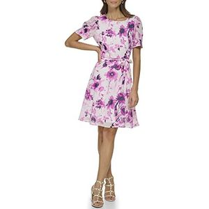 DKNY Women's Puff Sleeve Tie Waist A-Line Mini Dress, Cream/Raspberry, 16