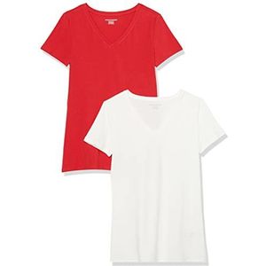 Amazon Essentials Women's T-shirt met korte mouwen en V-hals in klassieke pasvorm, Pack of 2, Rood/Wit, L