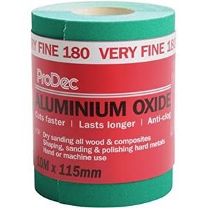 ProDec 10 m rol 180 grit zeer fijne kwaliteit groen aluminiumoxide schuurpapier voor het schuren van hout, verf, gips, vulmiddel, metaal en meer, 115 mm breed schuurpapier compatibel met