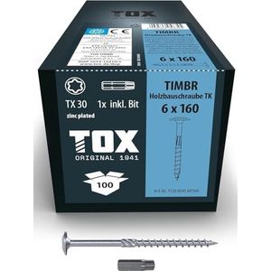 TOX Houtbouwschroeven TIMBR TK 6,0 x 160 mm, blauw verzinkt met plaatkop, TX30, schroeven voor gemakkelijk indraaien en hoog draagvermogen in houtbouw, 100 stuks in doos, incl. 1x bit, 1120804160160