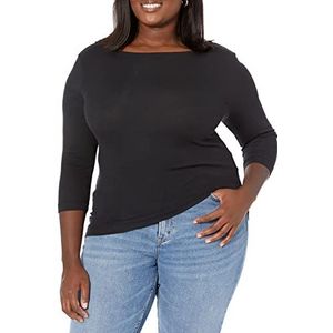 Amazon Essentials Women's T-shirt met driekwartmouwen, stevige boothals en slanke pasvorm, Zwart, XL