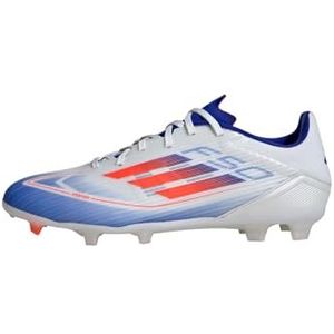 adidas F50 League voetbalschoenen voor dames en heren, stevige grondschoenen, Ftwr White Solar Rood Lucide Blauw, 48 2/3 EU