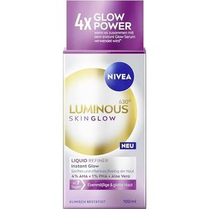 NIVEA Luminous630 Skin Glow Liquid Refiner, zachte en effectieve AHA peeling voor een gelijkmatige en gladde huid, poriënverfijnende gezichtsverzorging met 4% AHA, 1% PHA en aloë vera (100 ml)