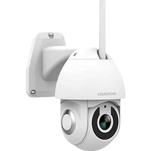 Daewoo Security EP505 buitencamera, draaibaar, resolutie 3 MP, bidirectionele audio, bewegingsdetectie en tracking, nachtzicht, compatibel met Alexa en Google Assistant, wit
